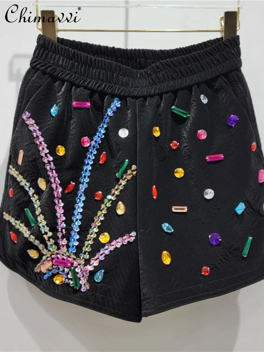 

Outer Wear Bootcuts 2022 Autumn Winter New Fashion Elastic Waist Loose Slim Colorful Crystals Wide Leg Leather Shorts Women