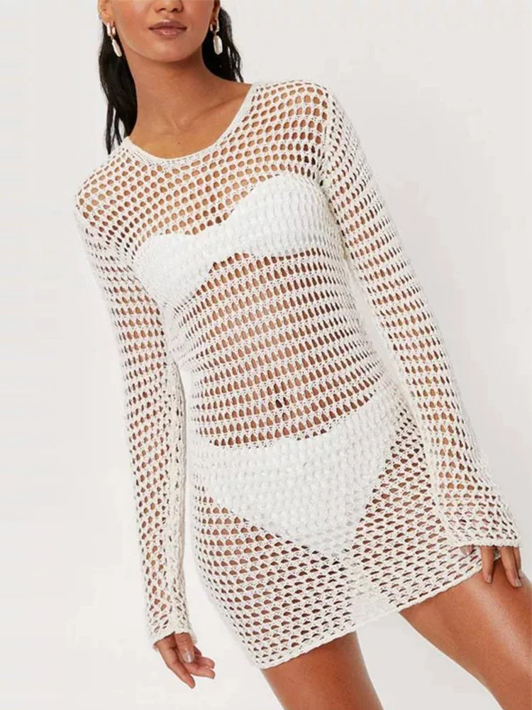 

Women Hollow Out Backless Sexy Seaside Dress 2022 Summer Female Long Sleeve Bodycon Knitted Mini Dress Resort Outfits