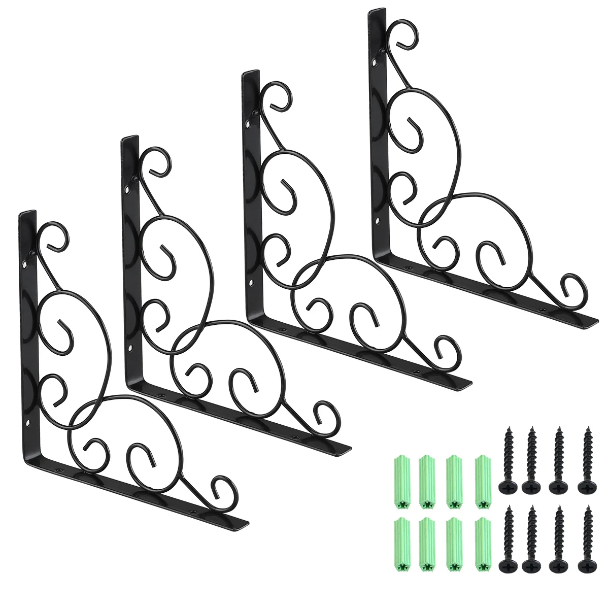 

4pcs Metal Shelf Brackets Floral Style with Screws Heavy Duty Floating Shelf Supports Brackets J Bracket Industrial Shelf