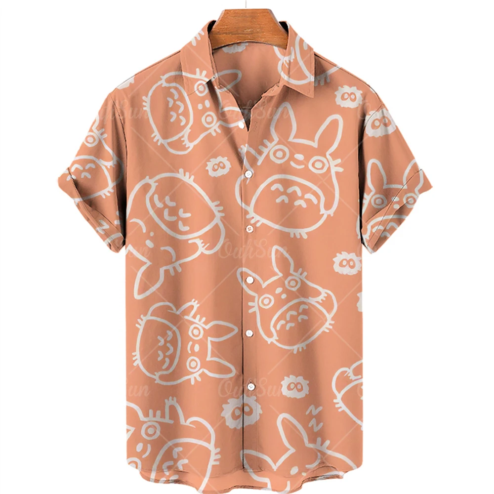 Men's Oversized Pattern Cartoon Graphic Social Gengar Printing Harajuku Hawaiian Camisa Floral Masculina Casual Sleeve Shirt