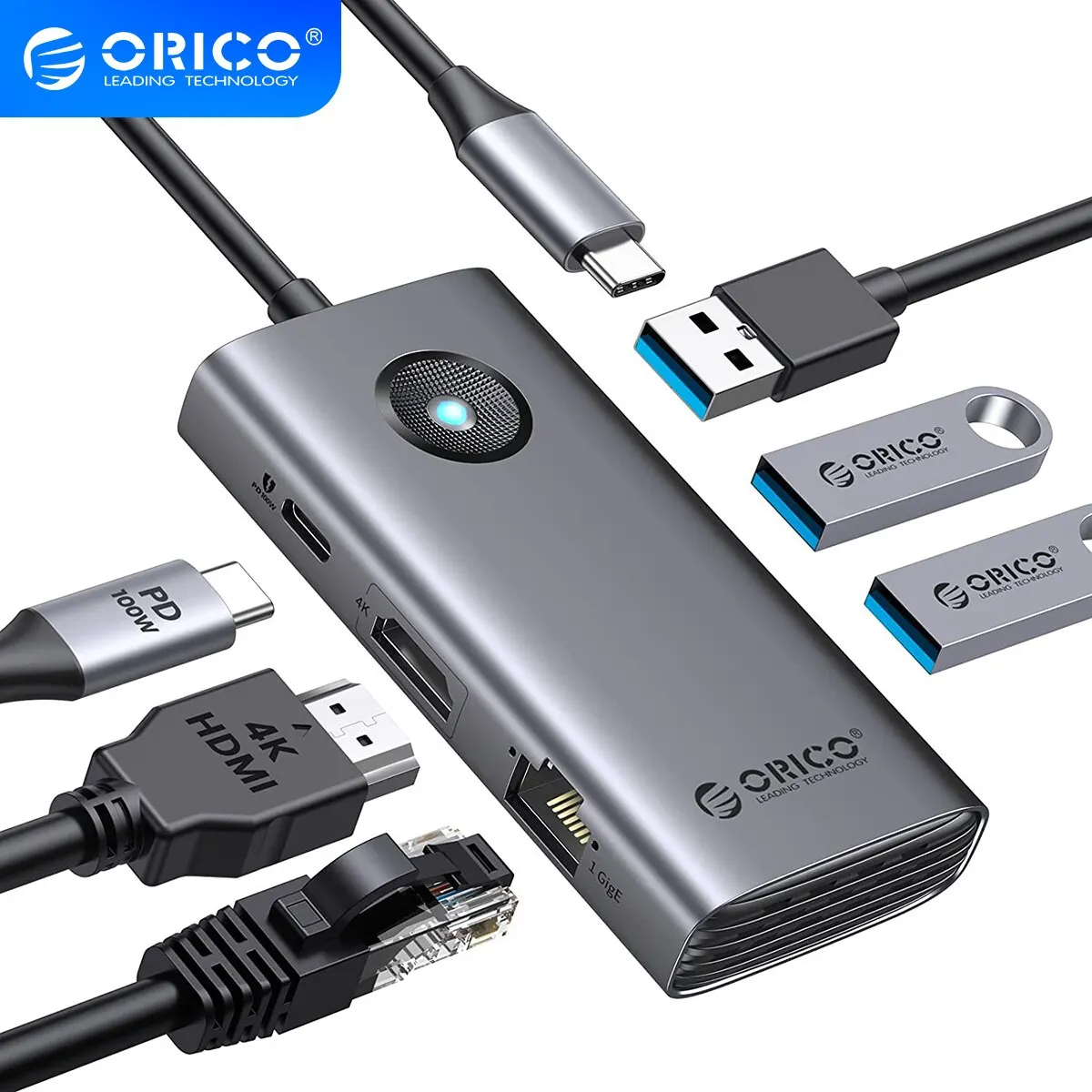 ORICO USB C HUB 4K Type C к HDMI RJ45 USB 3,0 PD 100 Вт SD TF адаптер для MacBook Pro Air iPad M1 PC Аксессуары док-станция