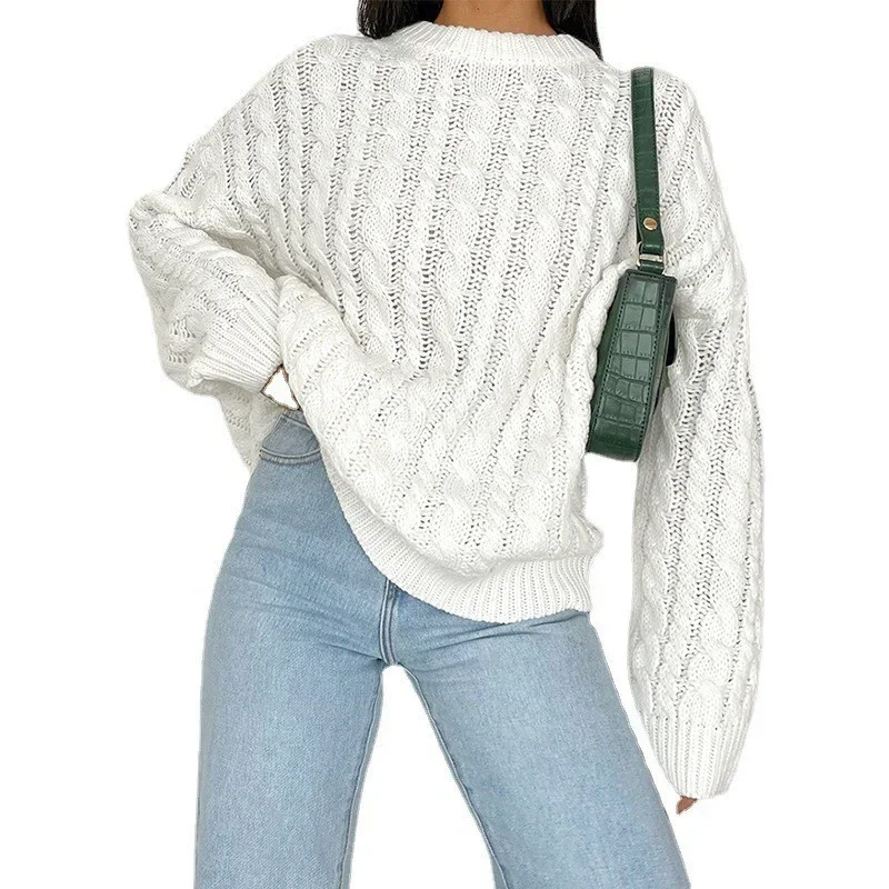 

Twist Knit Sweater pull femme solid Crew neck Full Sleeve Knitted Pullover Tops Braid Woven Pattern Warm Knitwear sueter mujer