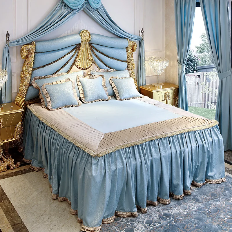 Baroque classical palace villa handmade solid wood carved King Bed French gold foil double bed |