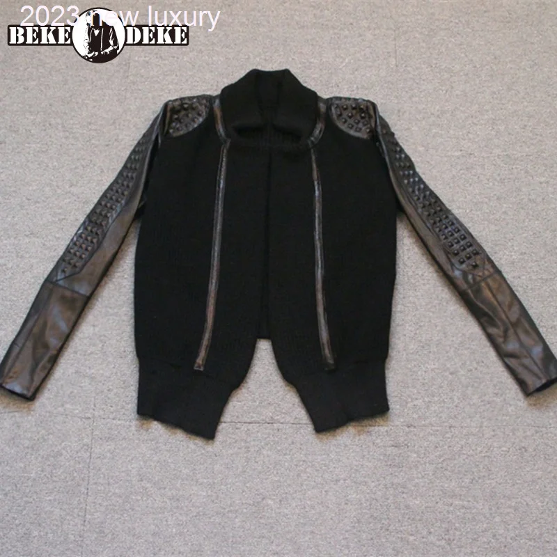 New 100% Winter Genuine Leather Sleeve Short Jacket Female Street Rivets Sheepskin Knitting Coat OL Slim Black Outerwear M-2XL