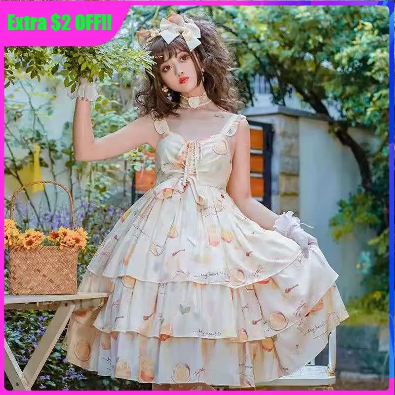 

Lemon Printed Women Kawaii Harajuku Strap Dress Japanese Lolita Jsk Female Summer Clothes Yellow Green Lolita Dress