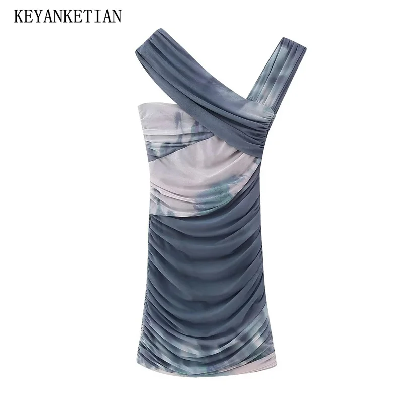 

KEYANKETIAN New Summer Asymmetrical Design Tie Dye Printed Silk Mesh Dress Women Retro Skinny Pleated Mini Dress Diagonal Neck