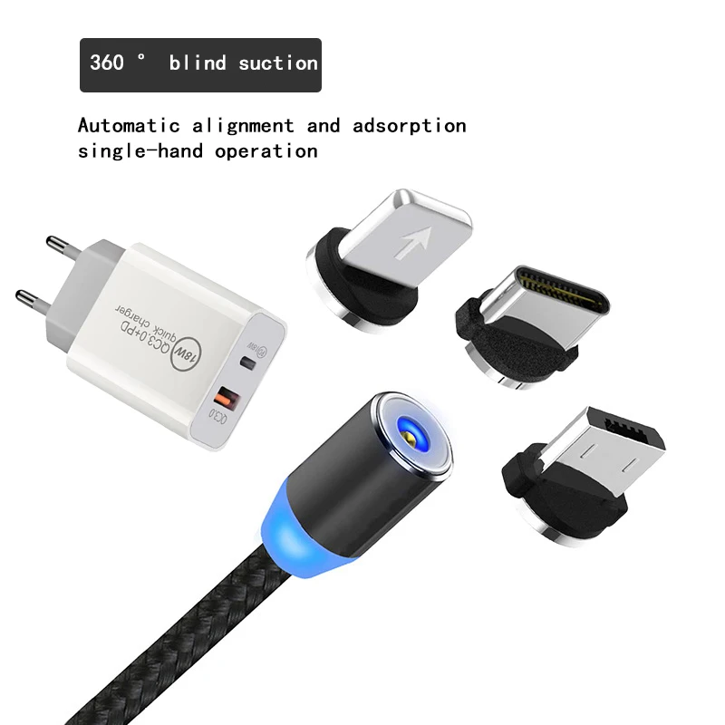 18W Adapter Applicable To IOSType-C Android USB 3 in 1 Multi-adaptedMagnetic Suction Head 5A 2V 360 °Blind Suction Data Cable