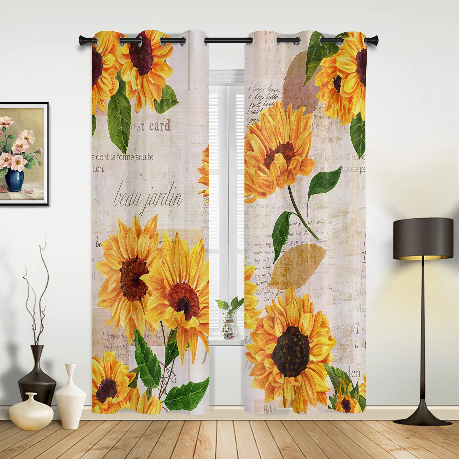 

Sunflowers Retro Text Curtains for Bedroom Living Room Drapes Kitchen Children's Room Window Curtain Modern Home Decor