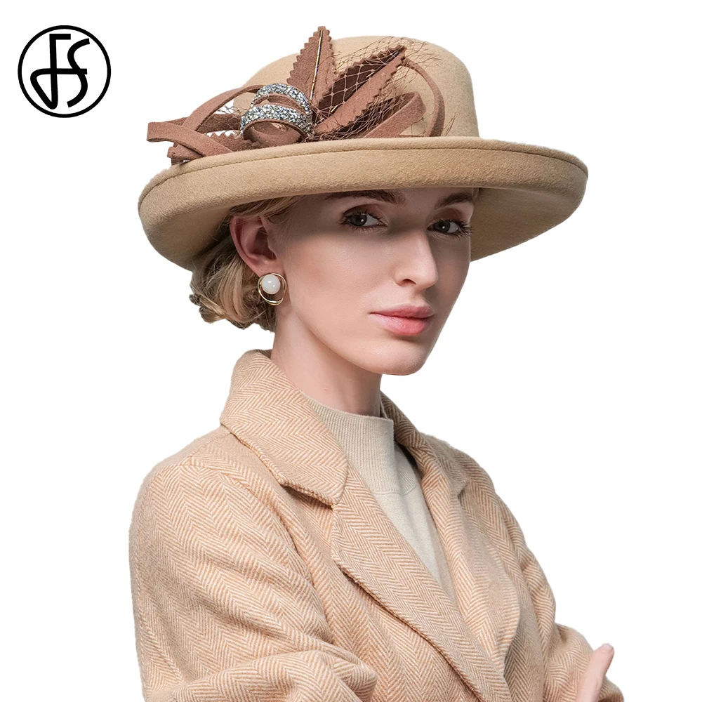 

FS Vintage Camel Cap Ladies Curl Brim Wool Felt Fedoras Bowler Hats For Women Formal Occasion Army Green Millinery Female