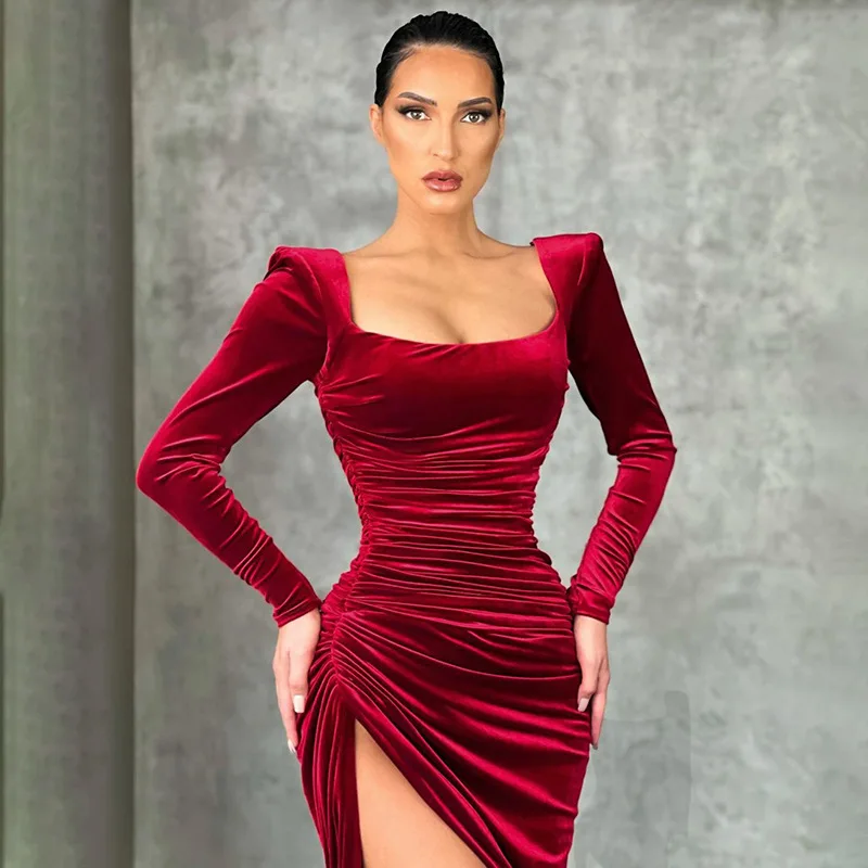 

2022 Women Folds Dress Y2K Summer Solid Split Party Dresses Sexy Skinny Long Sleeve Hip Hop Vestidos Ropa Mujer Robe Femme