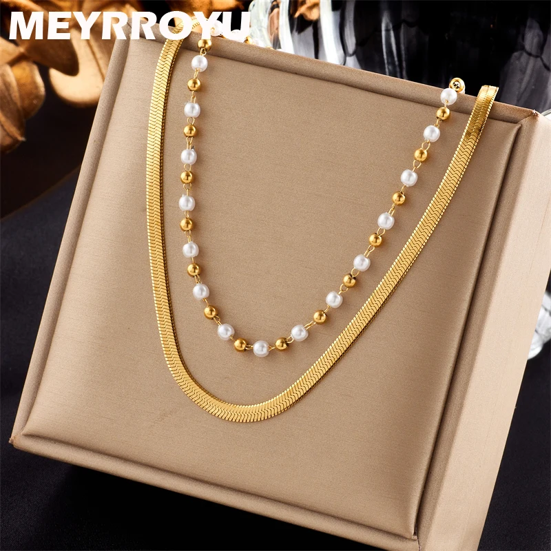 

MEYRROYU 316L Stainless Steel 2022 New Fashion Imitate Pearl Snake Chain Double Layer Necklace For Women Party Gift Bijoux