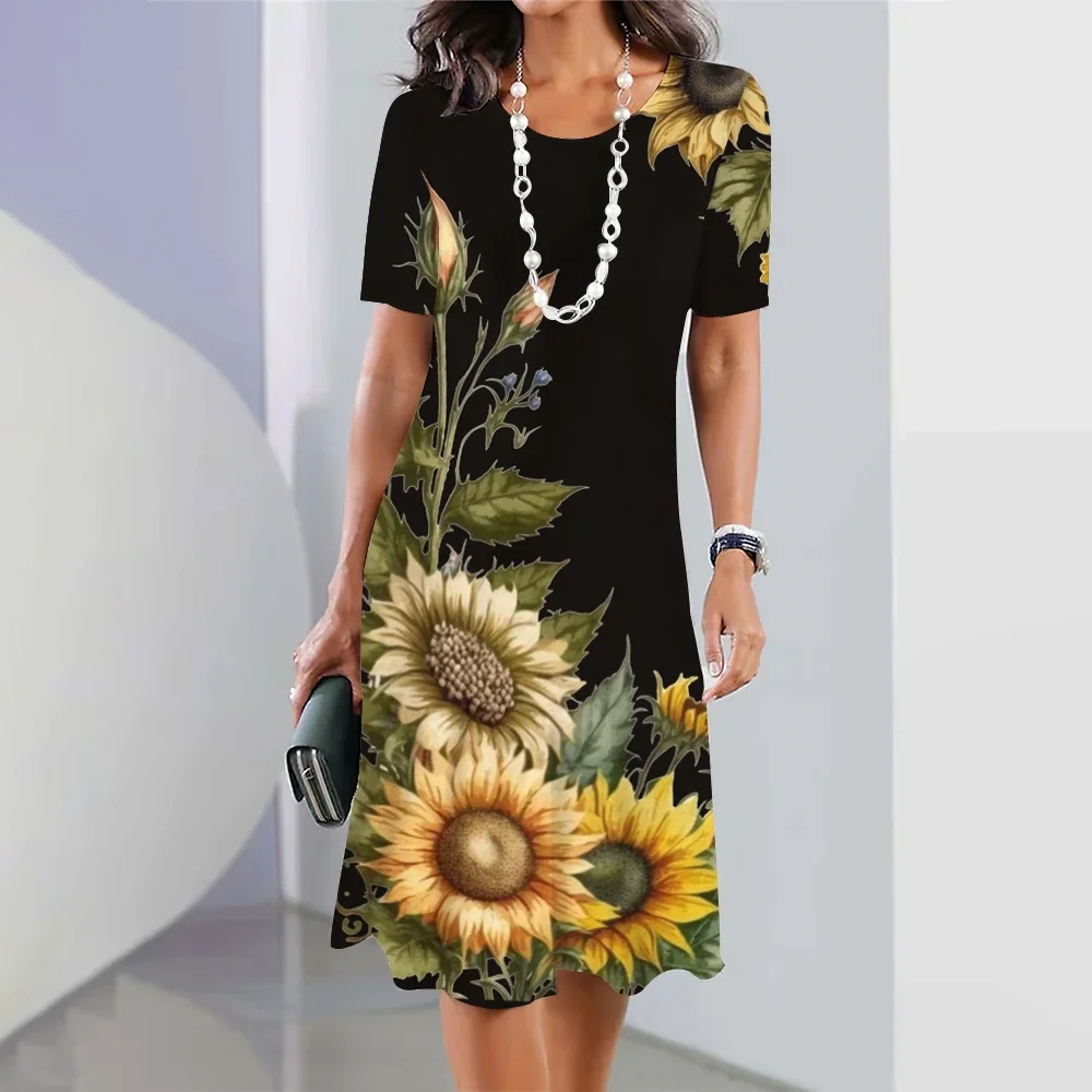 Новые женские платья с принтом подсолнечника женское элегантное свободное