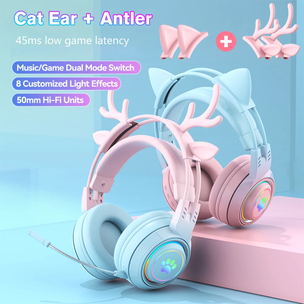

Bluetooth-гарнитура KINGSTAR T25 игровая с RGB-подсветкой и кошачьими ушками