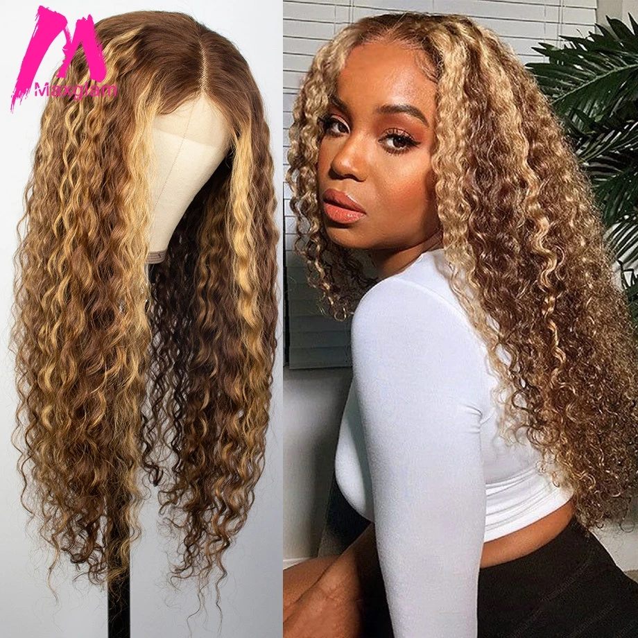 Curly Highlight Wig Human Hair Deep Wave Ombre Honey Blonde Lace Front Wigs Brazilian Remy Pre Plucked Lace Part Bob For Women