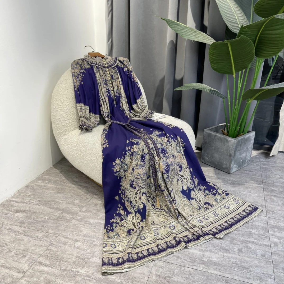 

2022 Summer Top Quality Cotton Golden Baroque Paisley Floral Placement Print Dark Blue Midi Dress with Slim Fabric Belt Women