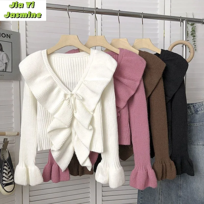 Женский трикотажный свитер с длинными рукавами Lotus Leaf Edge вязаный в винтажном