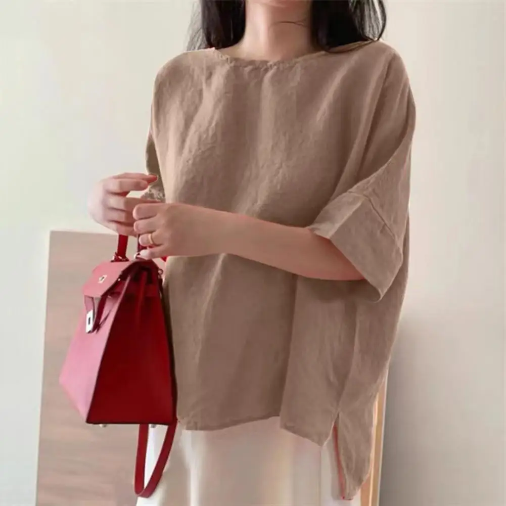 

Skin-Touching Retro Oversized O-neck Summer Ladies Top Moisture Wicking Summer Blouse 3D Cutting Streetwear