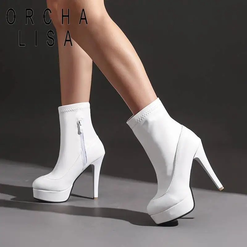 

ORCHA LISA Womens Stretchy Boots 14.5cm Shaft Round Toe Thin Heels 12.5cm Platform 3cm Zipper Large Size 32-50 Splice Sexy Party