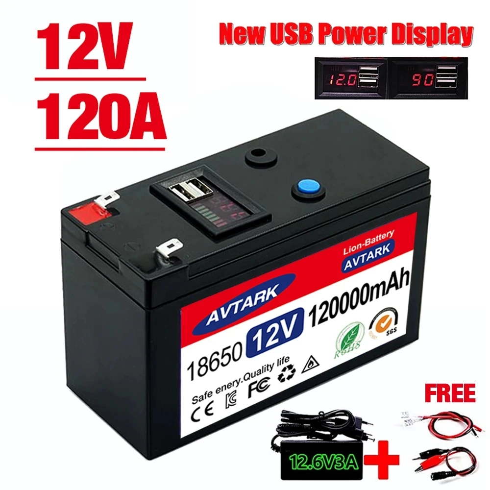 

12V Battery 120Ah 18650 lithium battery pack Rechargeable battery for solar energy electric vehicle battery+12.6v3A charger