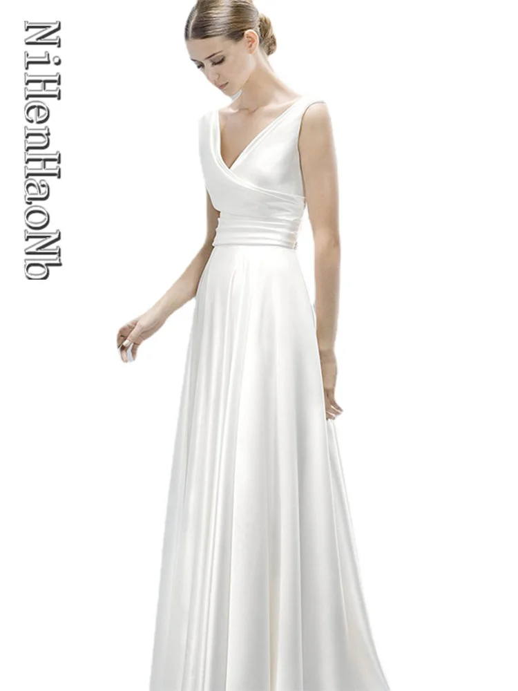 

2023 V-Neck Sleeveless Wedding Dress Court Train Bridal Dress Vestido De Casamento Satin