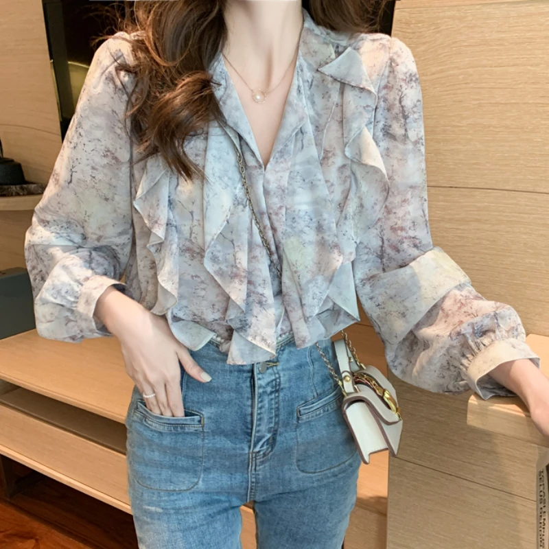 

2022 early spring French floral chiffon shirt high-end design niche shirt long-sleeved chiffon shirt top197I,hai,0109-16
