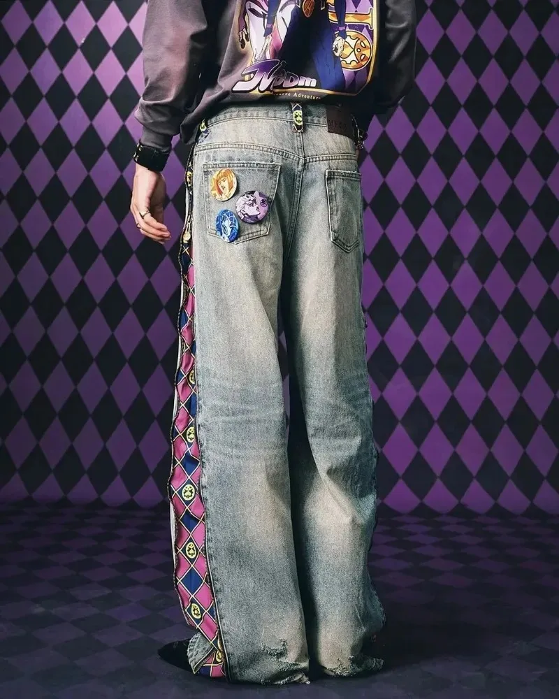Фото Мужской комплект Y2K Streetwear: худи с аниме-принтом и готические винтажные джинсы-багги на молнии в стиле Харадзюку №4