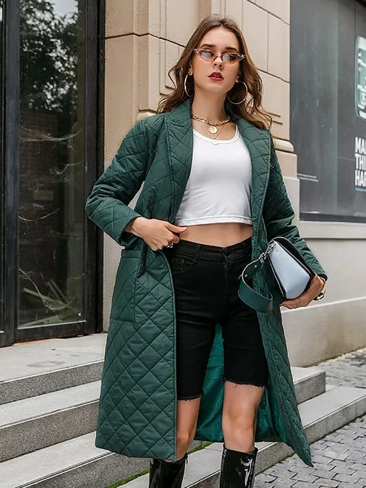 Winter Fashion Women Cotton Padded Long Coat Female Casual Pocket Sash Rhombus Padded Jacket Lapel Casual High Street Outerwears