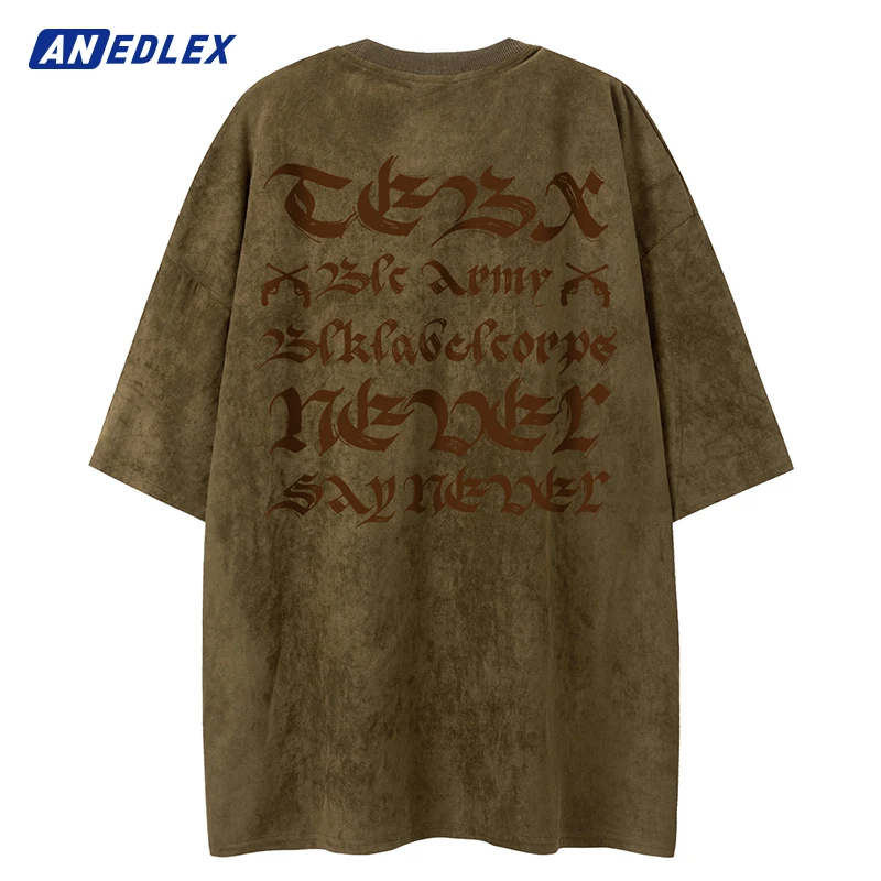 

Футболка мужская в стиле Харадзюку, вареная замшевая рубашка с буквенным принтом, уличная одежда в стиле хип-хоп, свободная футболка с корот...