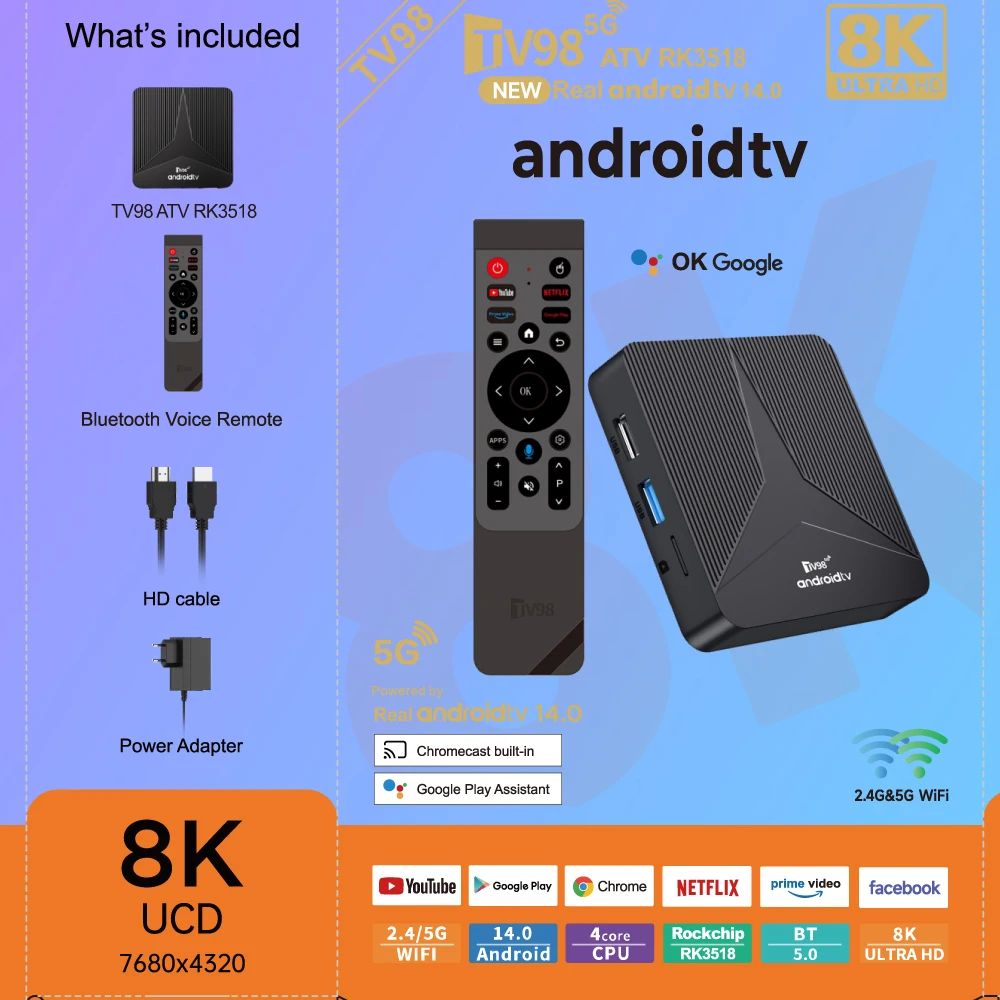 ТВ-приставка TV98 ATV RK3518 на Android 14 с двухдиапазонным Wi-Fi 2.4G5G, BT5.0, поддержкой декодирования 4K8K, Ultra HD, голосовым пультом дистанционного управления и функцией потоковой передачи. (art.: 3920dd15e4e3d) - 3920dd15e4e3d