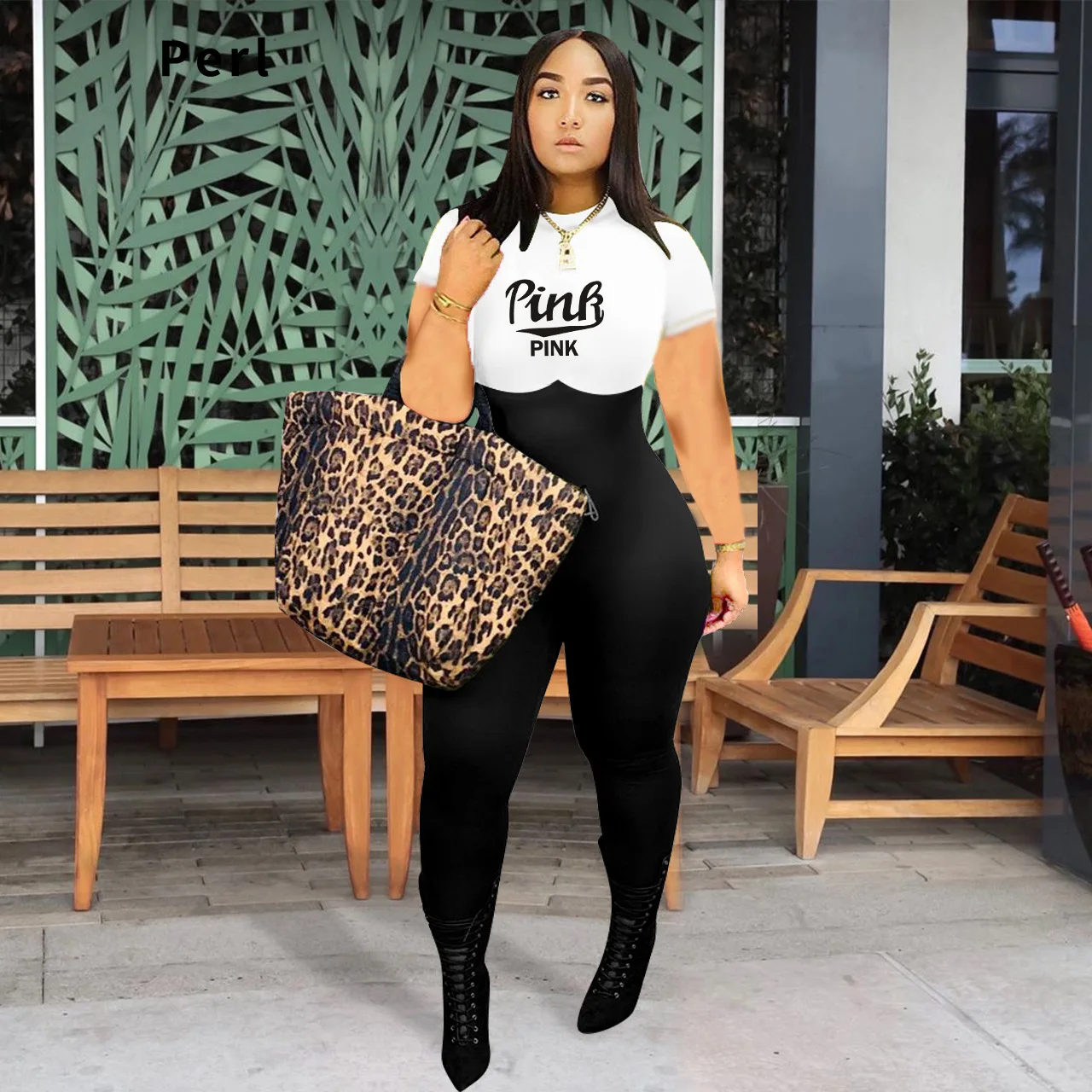 

Perl Fashion Print Contrast Color Casual Jumpsuit Short Sleeve Rompers Skinny Patchwork Overall Women's Clothing High Streetwear