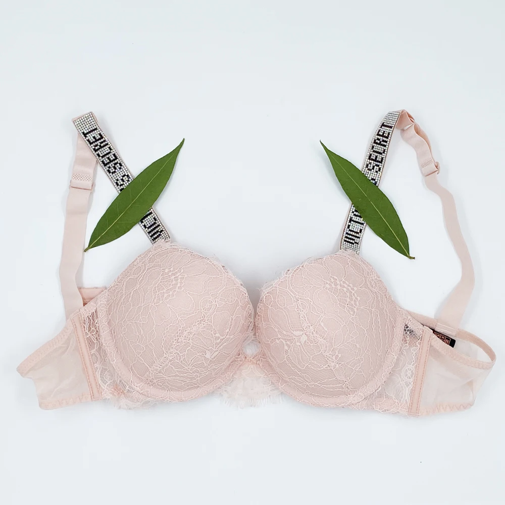 wholesale Women Push Up Bra Sexy VS Letter Rhinestones Lace Lingerie Bralette Womens Backless Intimates Pink Underwear lingerie