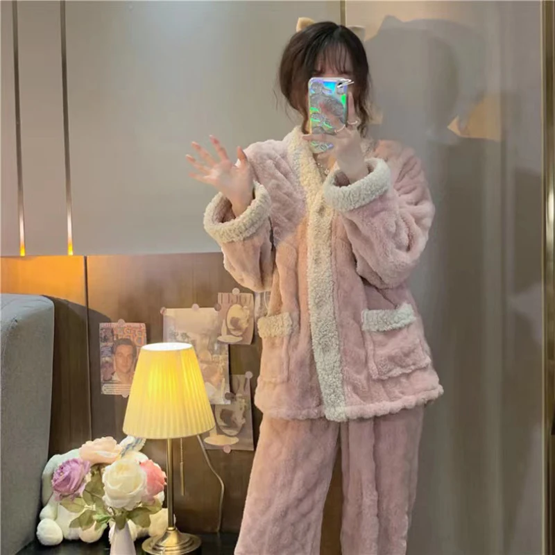 Winter Warm Thicken Pajamas Women Girl Stylish Cute Solid Color Sleepwear Sets Coral Fleece Home Clothes