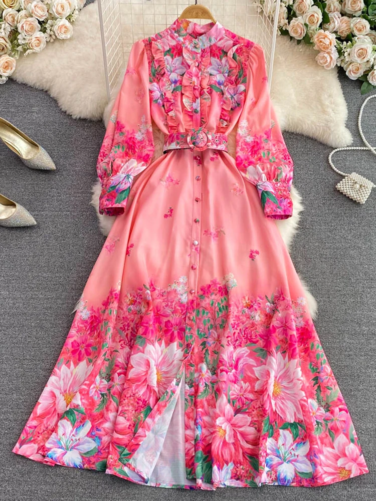

FMFSSOM Summer Women Vintage Casual Stand Collar Ruffle Single Breasted A-Line Dress Elegant Pleated Long Sleeve Dress With Belt