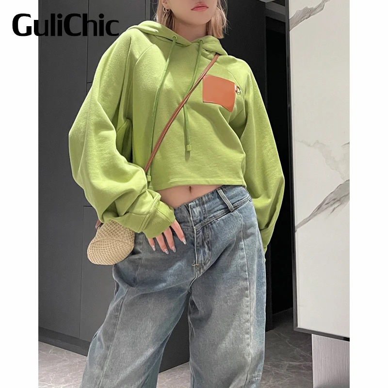 

8.11 GuliChic Women Hooded Drawstring Leather Cotton Casual Short Hoodie