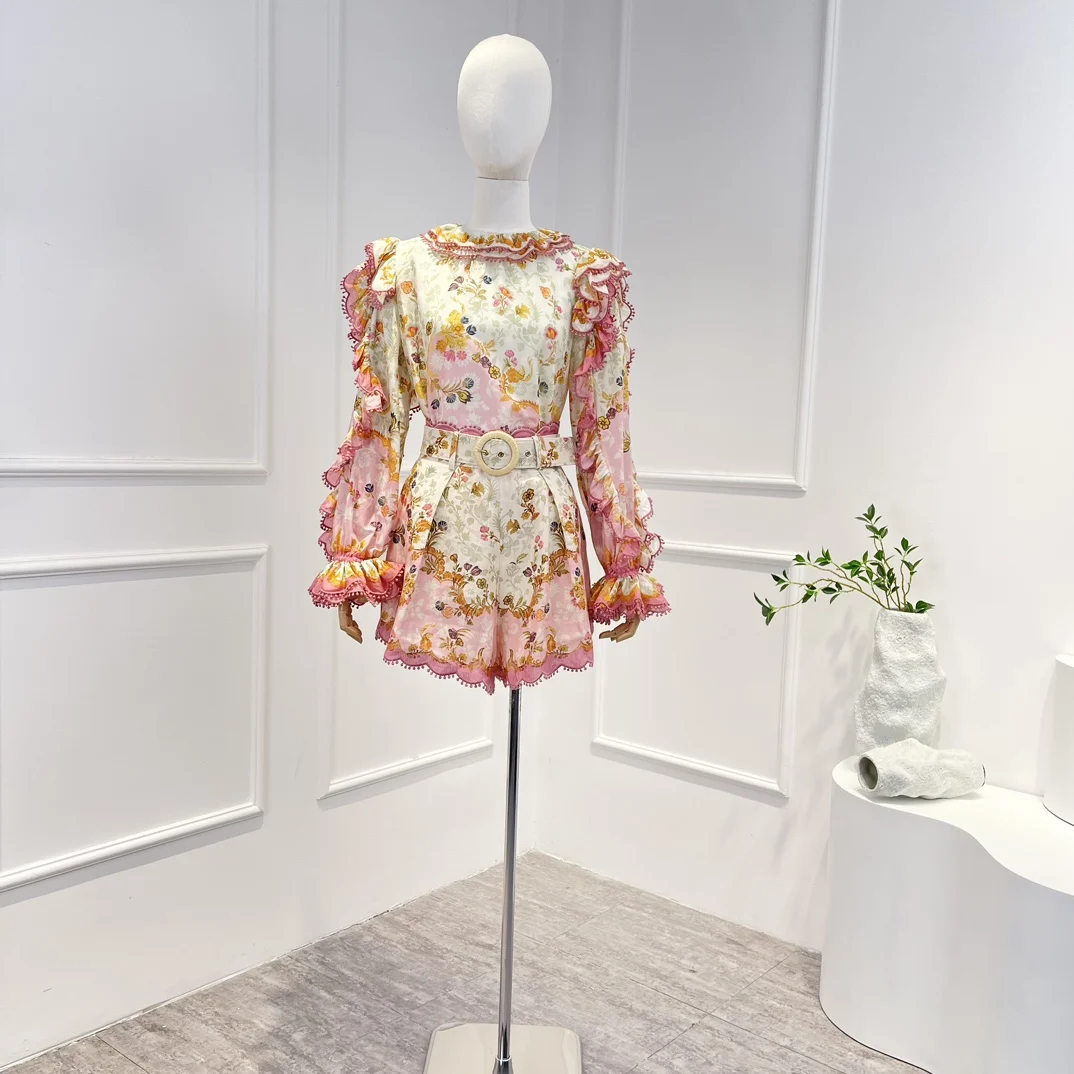 

2023 Top Quality Pink Floral Printing Silk Linen Cotton Frill Ruffle Blouse Shorts Matching Set for Women