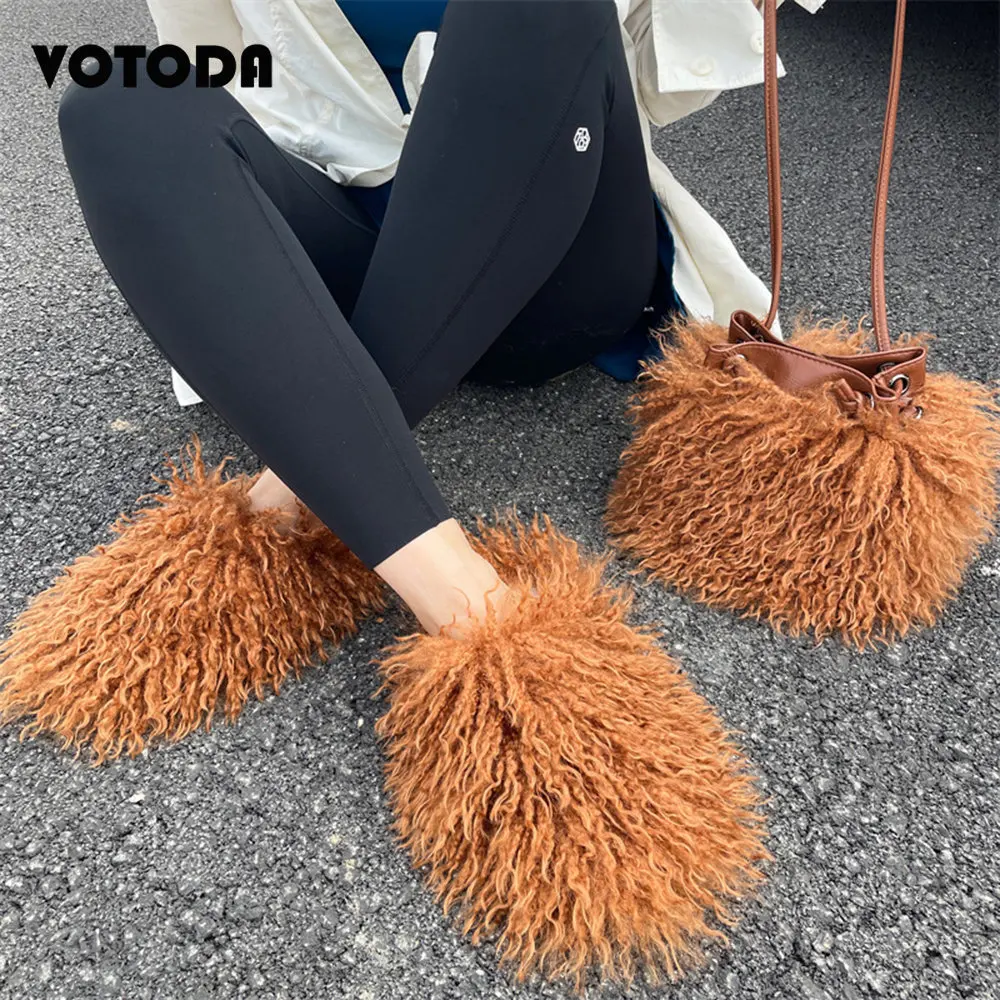 Luxury Mongolian Fur Slippers Faux Wool Fluffy Fur Slides Home Flat Flip Flop Cute Furry Tassel Handbag Women Shoes Shoulder Bag