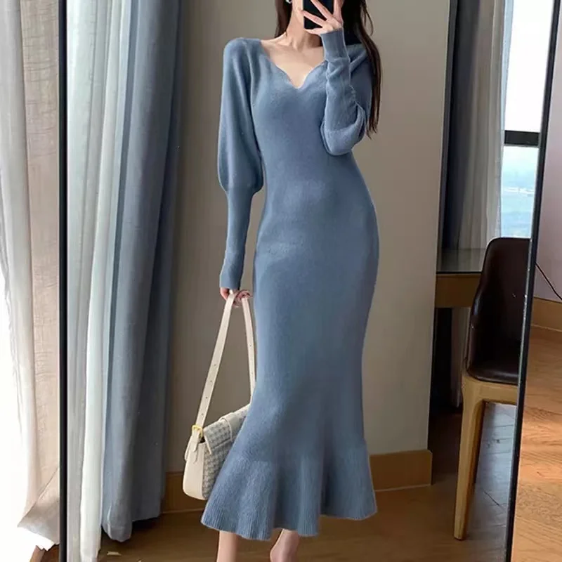 

France Elegant Autumn Winter Sweater Mermaid Long Dress Chic Women V Neck Knitted Lantern Sleeve Bodycon Slim Office Dresses