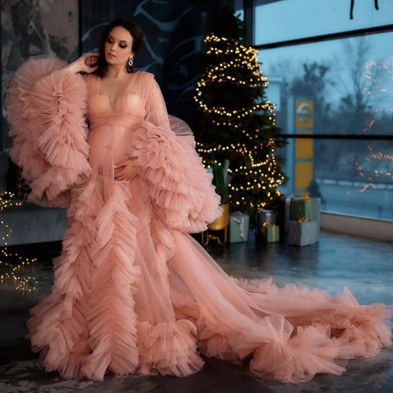 

Puffy Ruffled Tulle Maternity Dress for Photo Shoot Pregnancy Robe Baby Shower Chic Women Prom Gowns