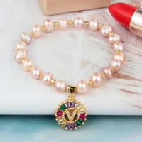 trendy simplicity jewelry bracelet inlaid colorful crystals 26 english letters pendant beaded pearl bracelet for women