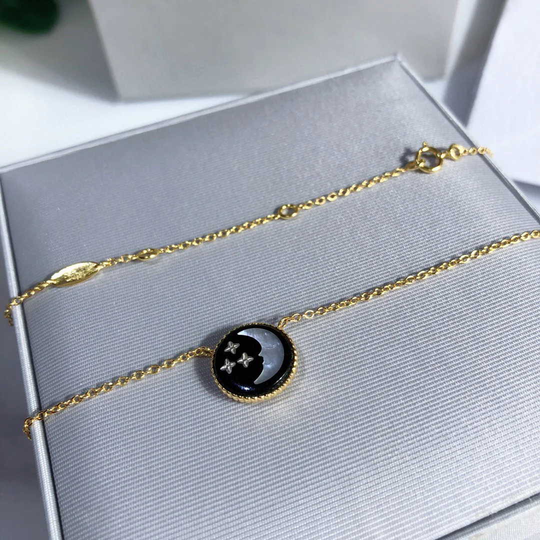 

2022 Brand 925 Sterling Silver Necklace Sun Moon Stars Black Agate White Fritillaria Hollowed Out OverlayJewellery
