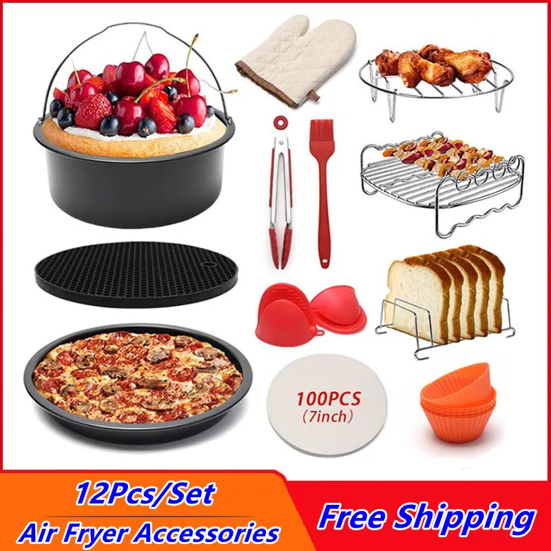 

Air Fryer Accessories Set 12PCS Stainless Steel Air Fryer Accessories Suitable For 3.5-5.8qt Cake Basket Pizza Tray Double Grill