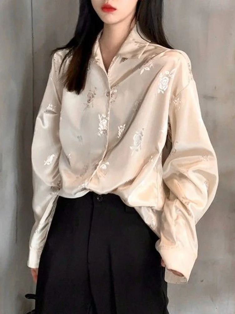 Deeptown Women Blouses Solid Chiffon Blouse Vintage Floral Print Button Up Shirt Lady Long Sleeve Oversize Women Shirt Clothes