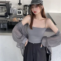sexy women summer solid ice silk camisole tanks vest crop top with padded bandeau sleeveless slash neck sports streetwear tops