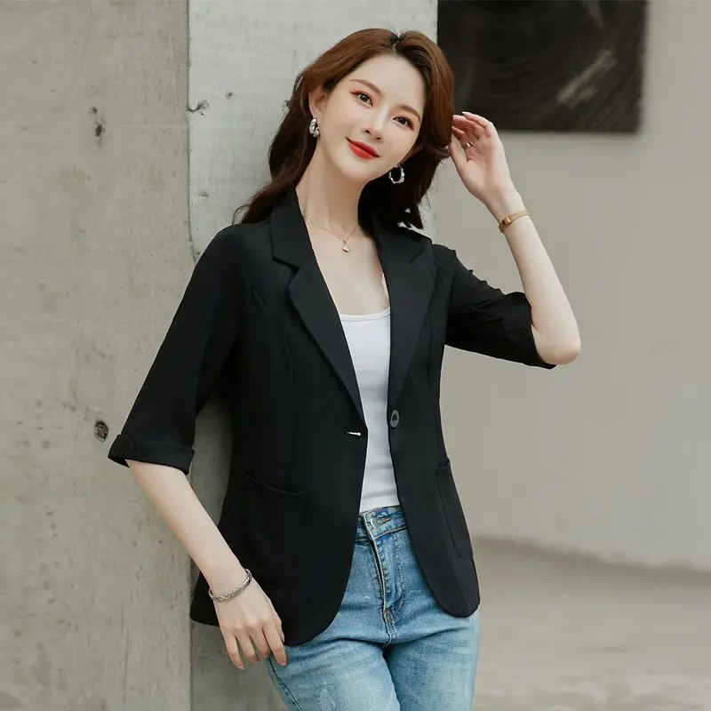 Women's Summer Wear 2023 New Small Suit Jacket Slim Female Figure Large Size Casual Suntan Jacket Seven Minutes
