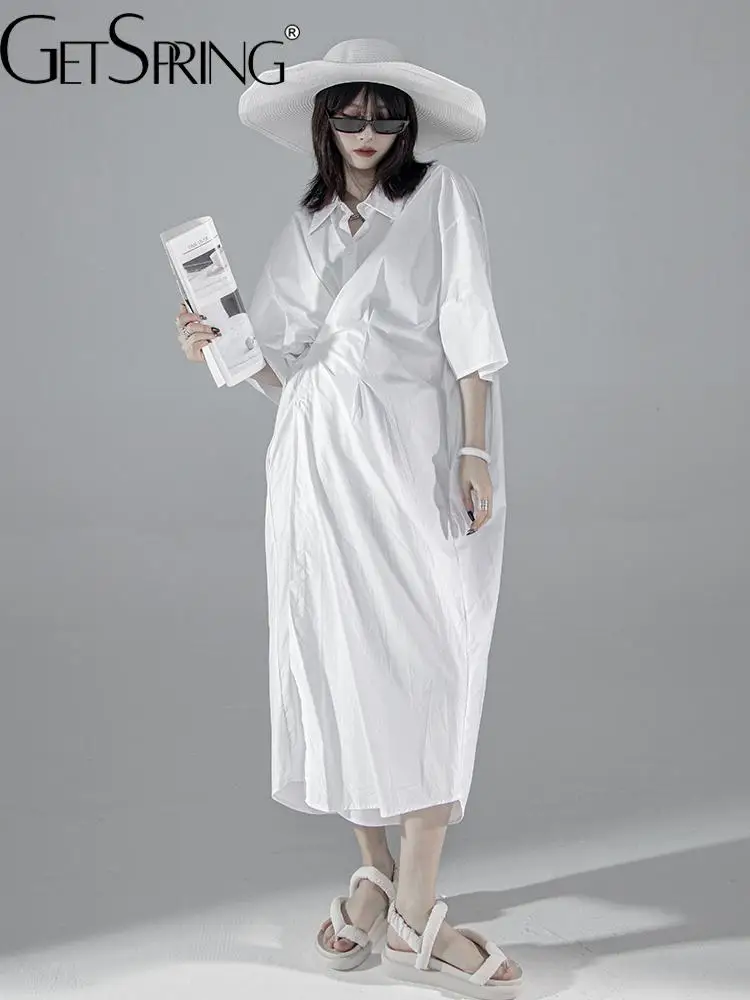 

GetSpring женское платье 2022, летнее асимметричное платье-рубашка, темпераментное свободное белое длинное платье для отдыха с рукавом до локтя, в...