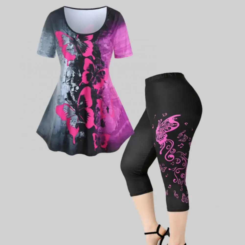 

Short Sleeve Tops Skinny Leggings Set Stylish 2-piece Women's Yoga Outfit Loose Hem Tops High Waist Leggings for Streetwear