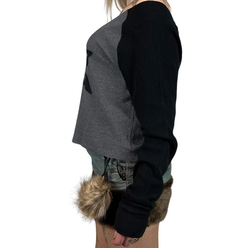 Уличная женская футболка Darlingaga с разрезом на шее и звездой длинным рукавом