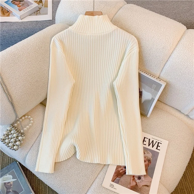 Женский вязаный свитер с воротником средней высоты на молнии утепленный длинным