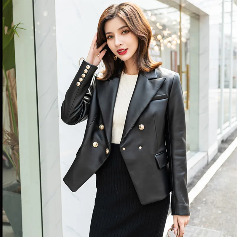 Leather Coat Female Spring And Autumn Double Breasted Short Fashion Slim Version Leather Suit Women's Sheepskin Suit