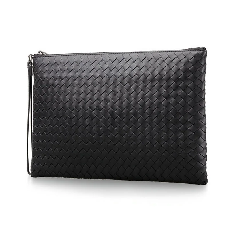 

Luxury Men's Cluth Bag Weave Designer Men Genuine Leather Handbags Business Envelope Bag Zipper Leather Clutches Bolsa Masculina